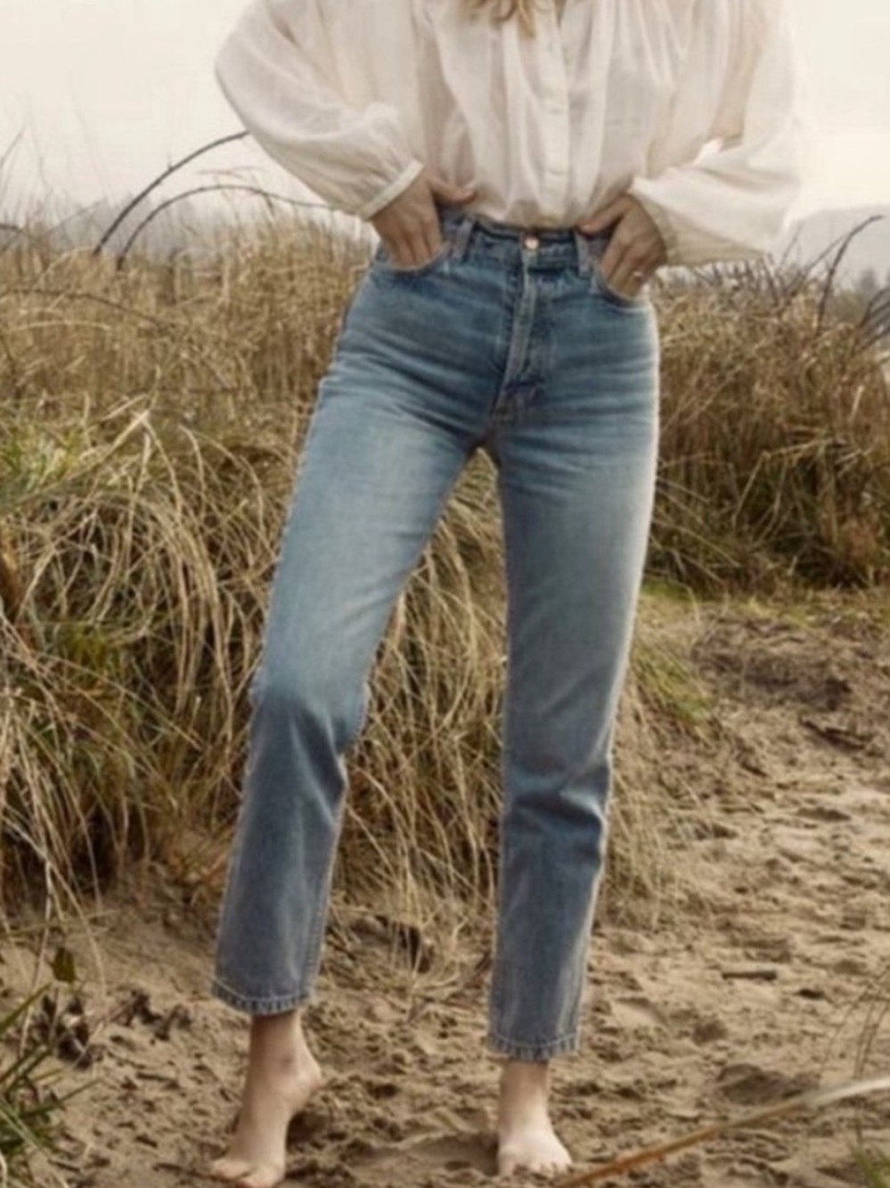 DOEN High Rise Straight Leg Jeans Vintage Blue Wash 100% Cotton Sz 27